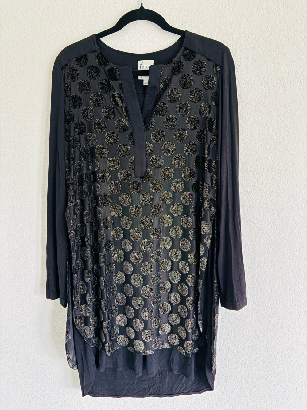 Finley Black Gold Metallic Foil Dot Bamboo Tunic Dress S Quiet Luxury Chic
